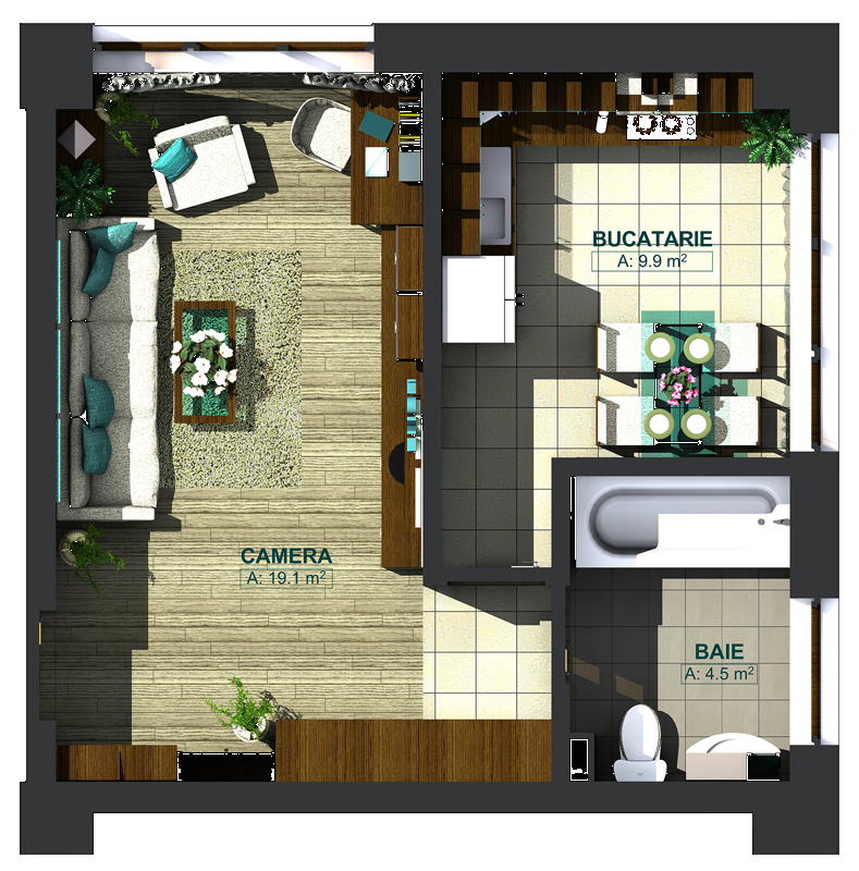 Apartamente cu o cameră tip 1D, model 3d