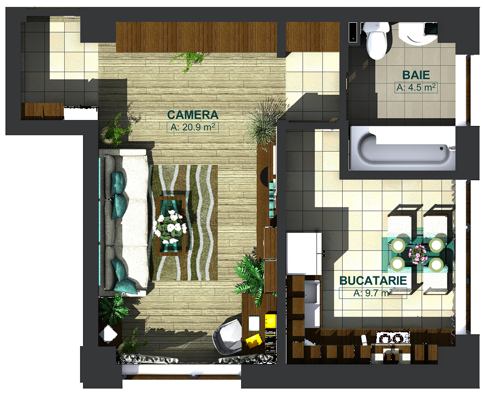 Apartamente cu o cameră tip 1E, model 3d