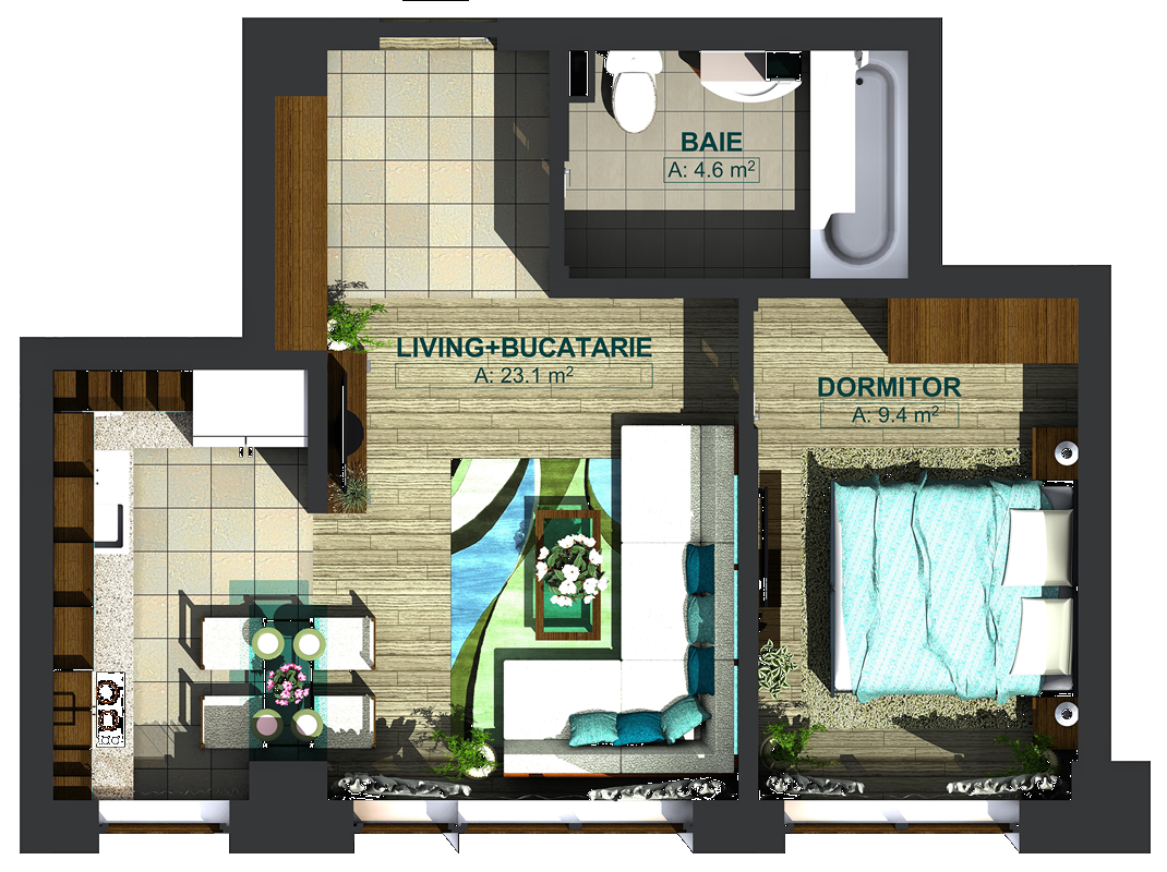 Apartamente cu 2 camere tip 1F, model 3d