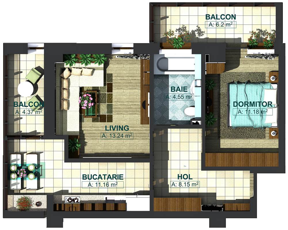 Apartamente cu 2 camere tip 2B, model 3d